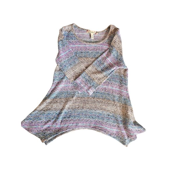 Multicolor Zigzag Stripe Asymmetrical Hem Scoop Neck, 3/4 Sleeve, Boho Chic Sm - Picture 2 of 4